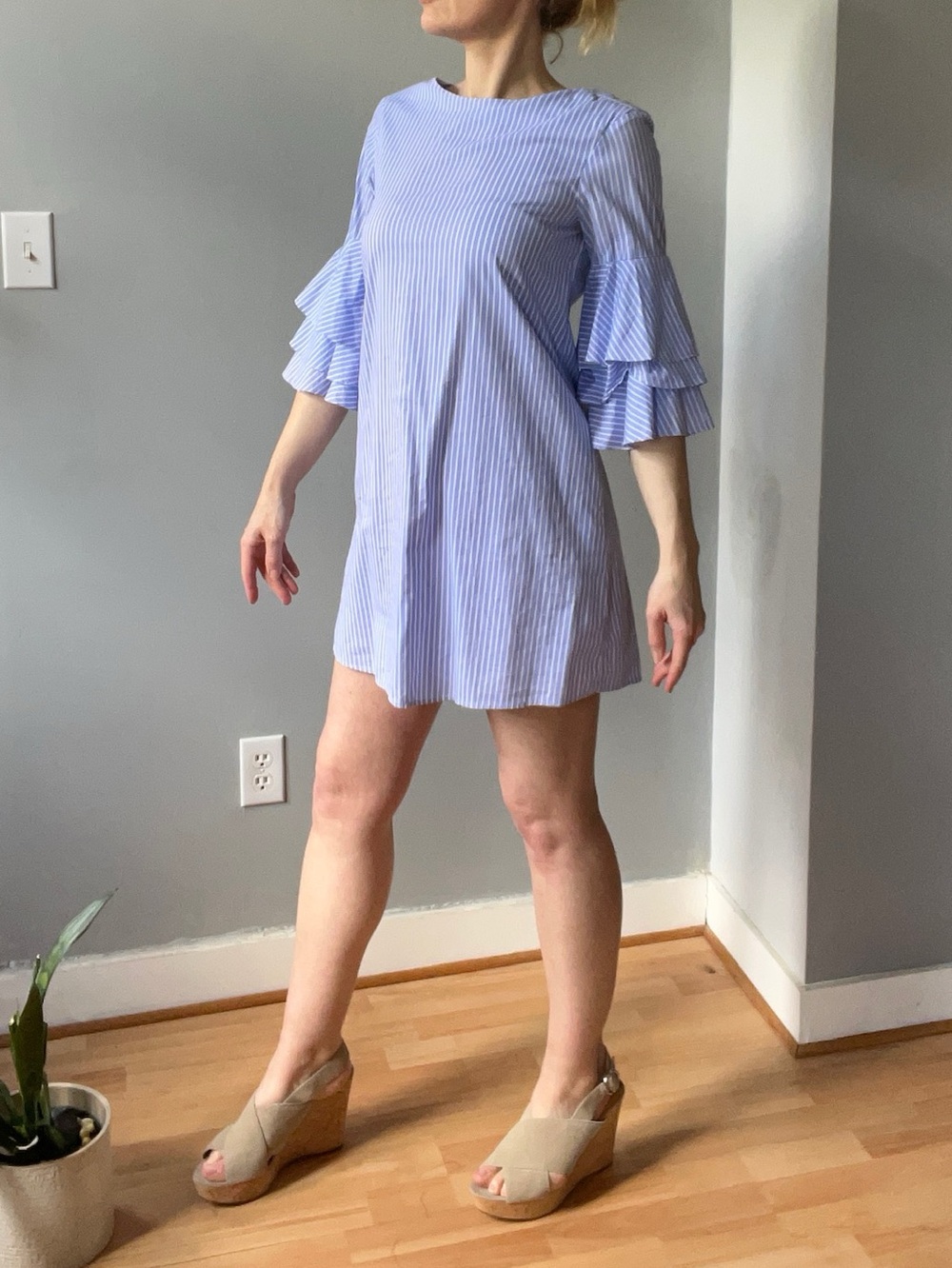 Zara sky Blue striped Ruffled Sleeve minidress